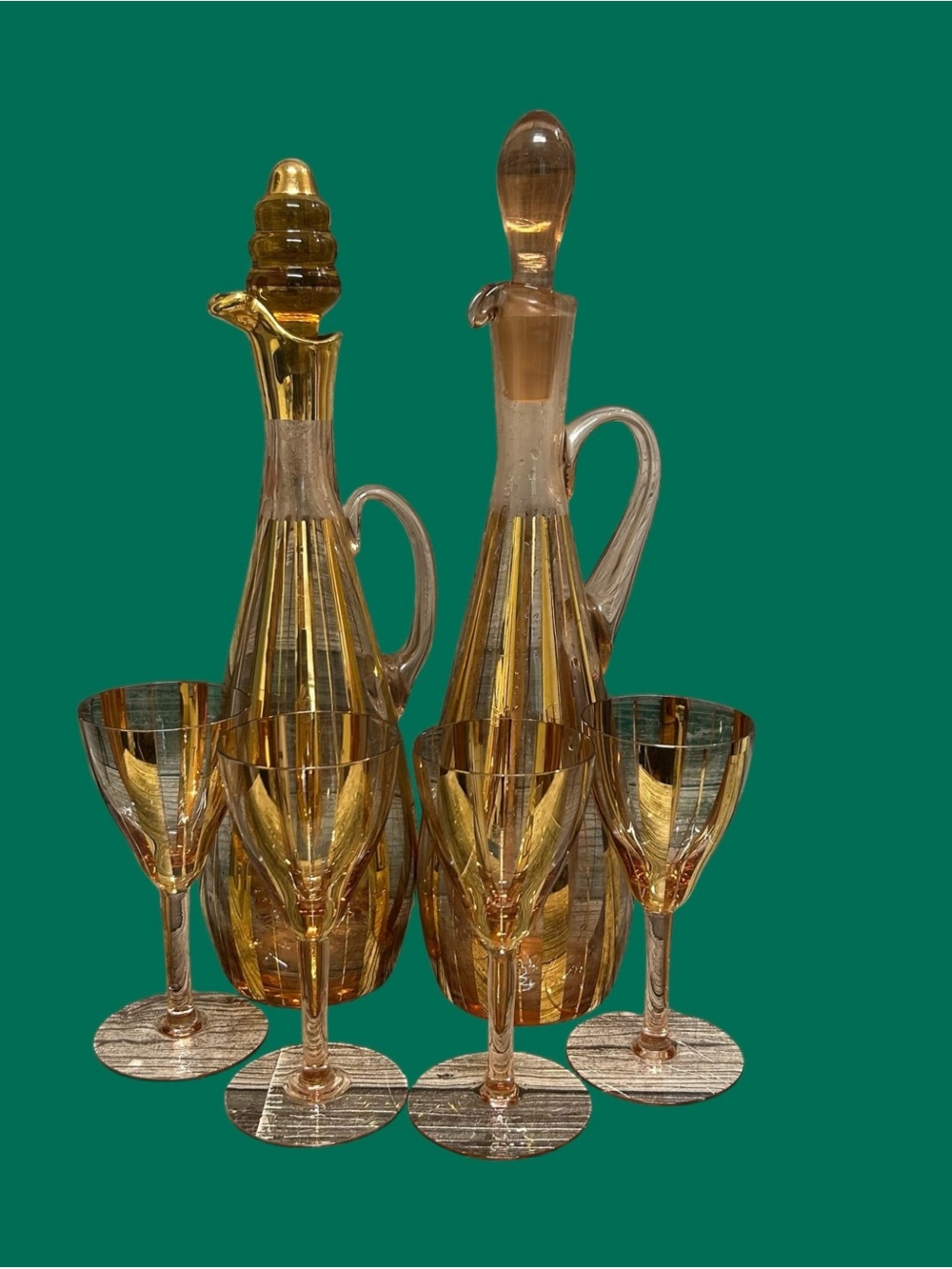 VTG Mid Century Amber Pink Glass Gold Striped Decanter Cruet Set & Glasses 6pc